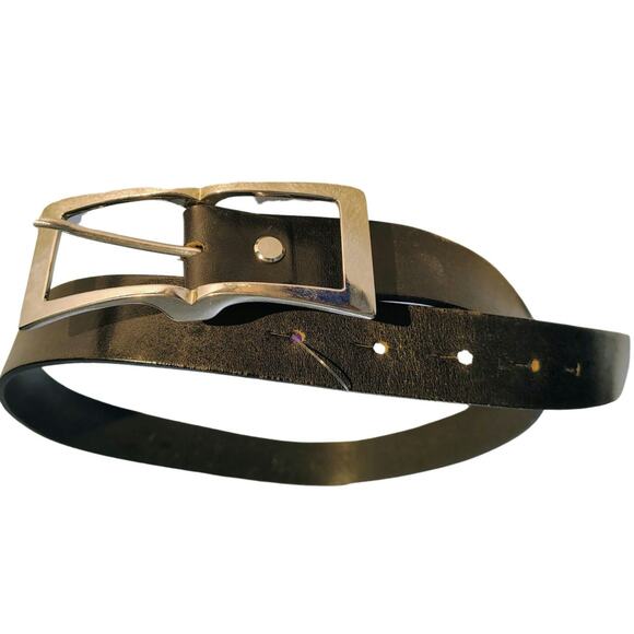 Italian Made Black Leather Belt Rectangular Silver Pull Through Buckle Size 32 - Picture 1 of 6
